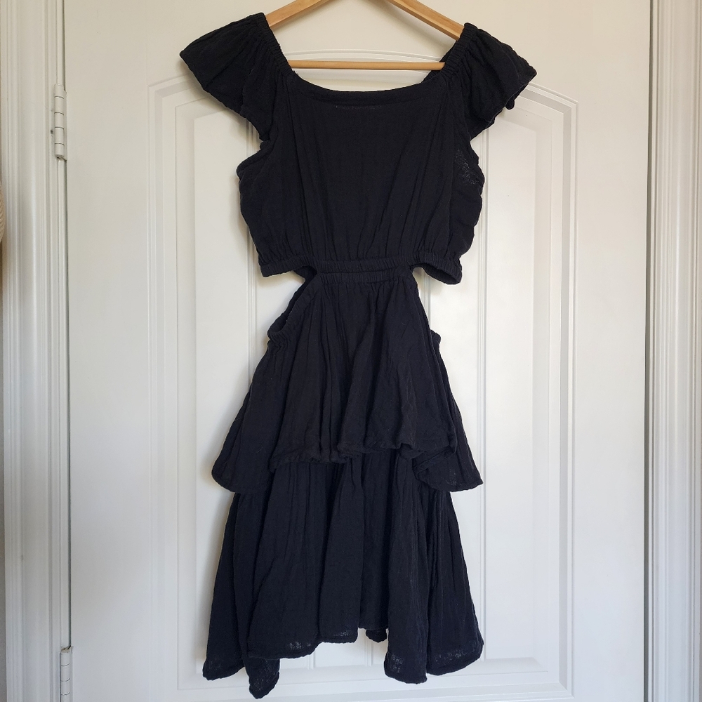 Black Asymmetrical Ruffled Off-the-Shoulder Mini Dress